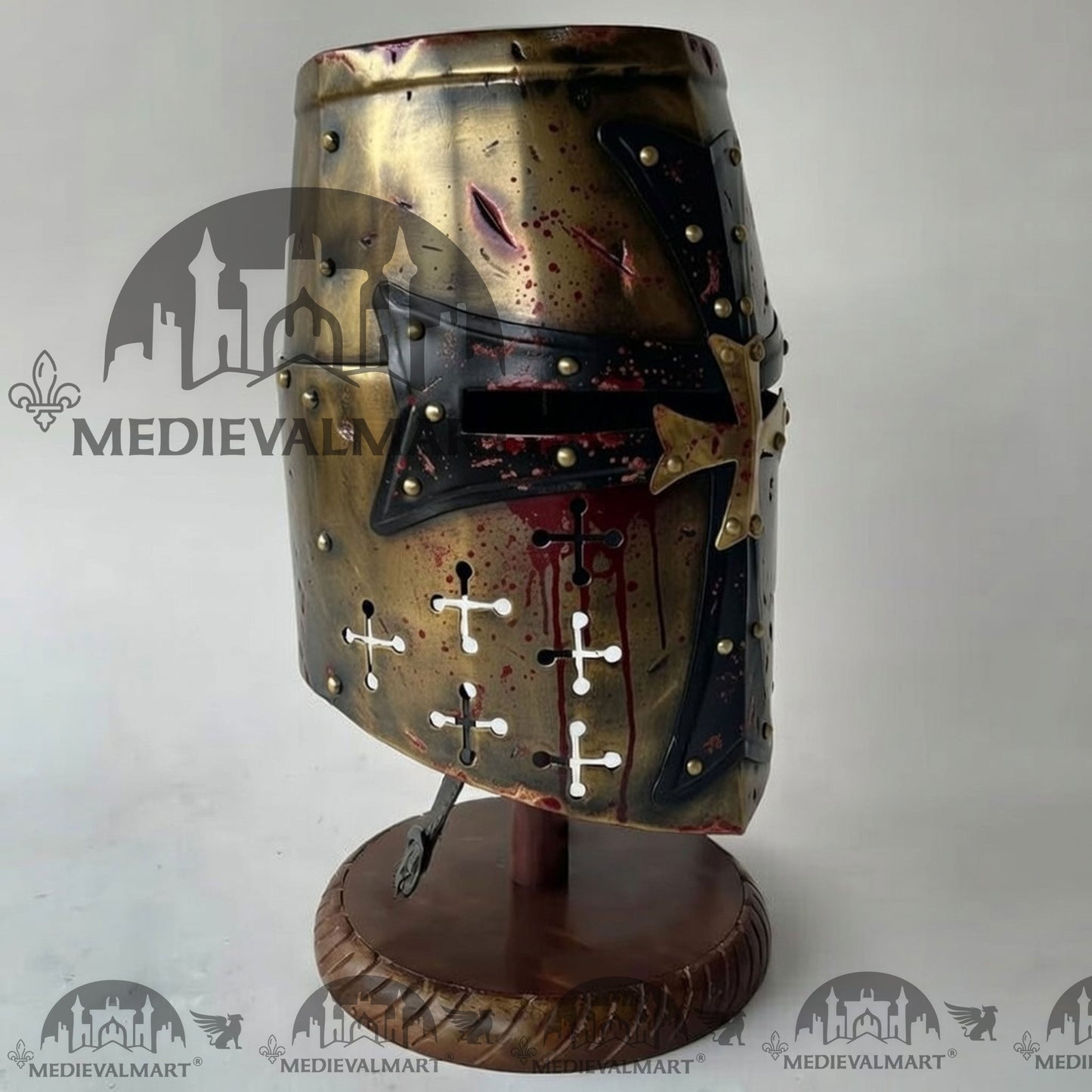 MEDIEVALMART Special Templar Crusader Knight Damage Gold W/H Blood Finish Helmet W/H Free Stand