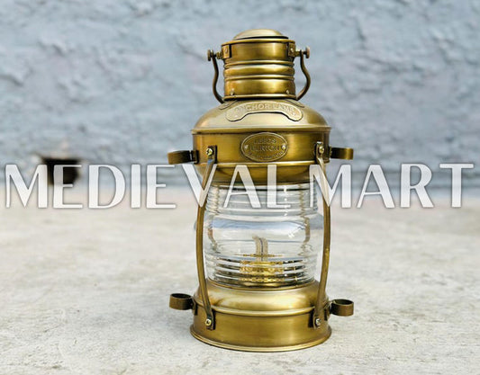 MEDIEVALMART Nautical Vintage Antique Brass Clear Glass Ship Oil Lamp - Personal Engraving Marine Lantern