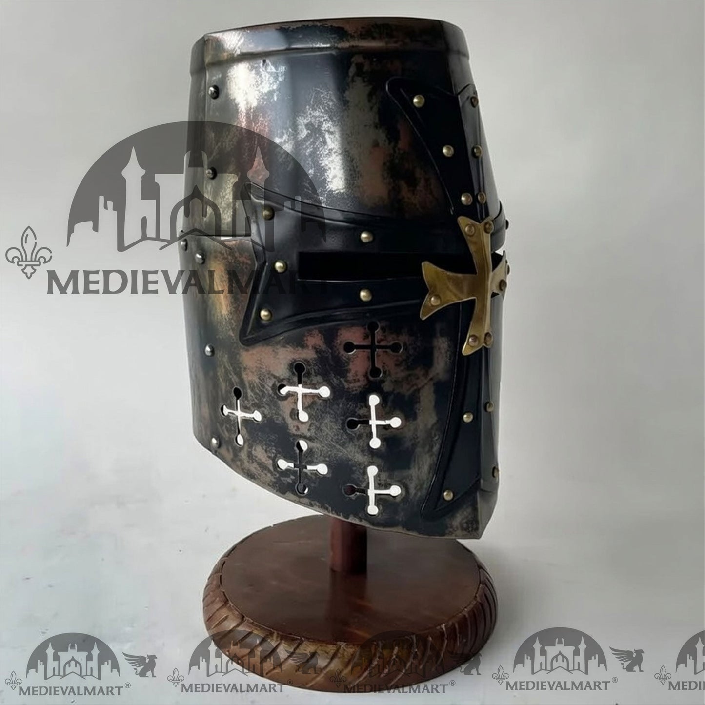 MEDIEVALMART Special Templar Crusader Knight Battle Damage Black Finish Helmet W/H Free Stand