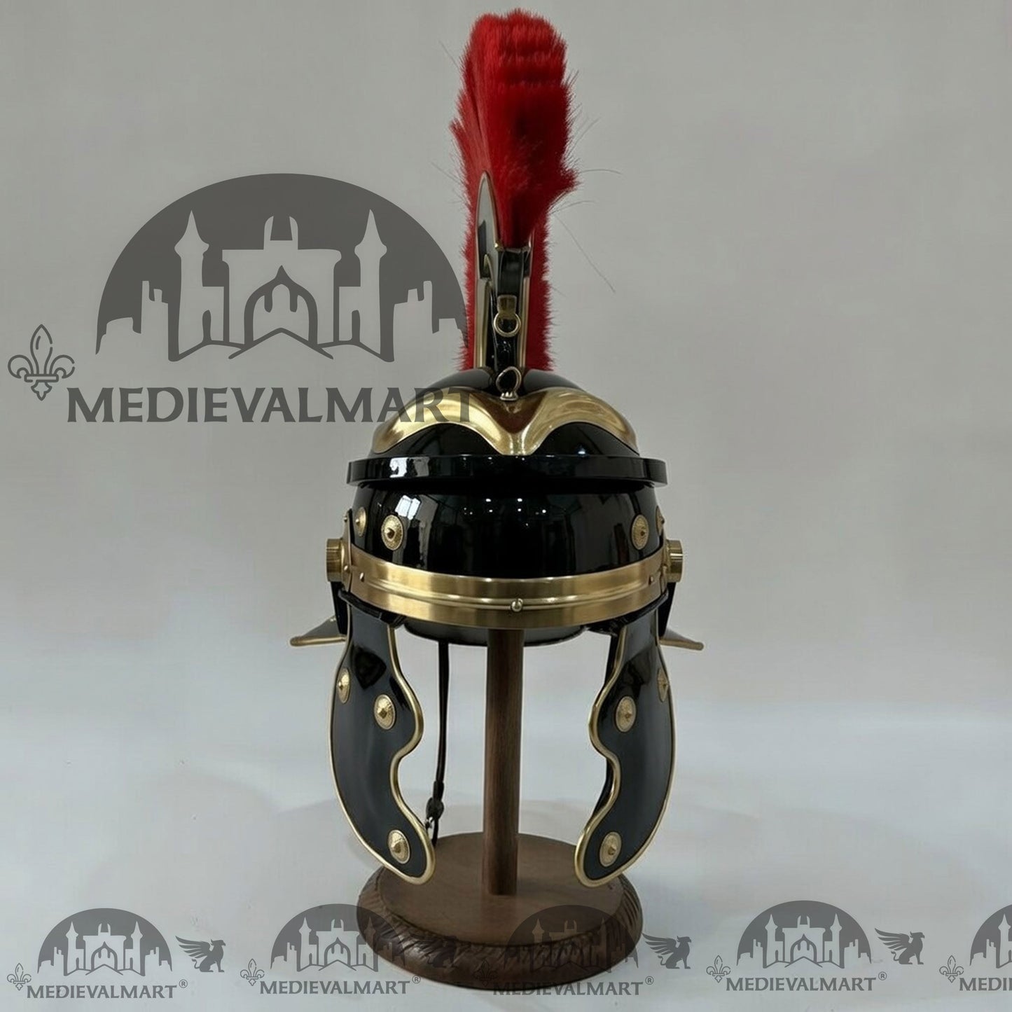 MEDIEVALMART Gallic Roman Centurion Black Finish Helmet Replica Red Plume with Free Stand