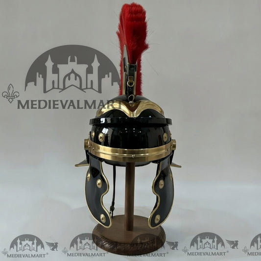 MEDIEVALMART Casque de centurion romain gaulois, finition noire, réplique, panache rouge avec support gratuit