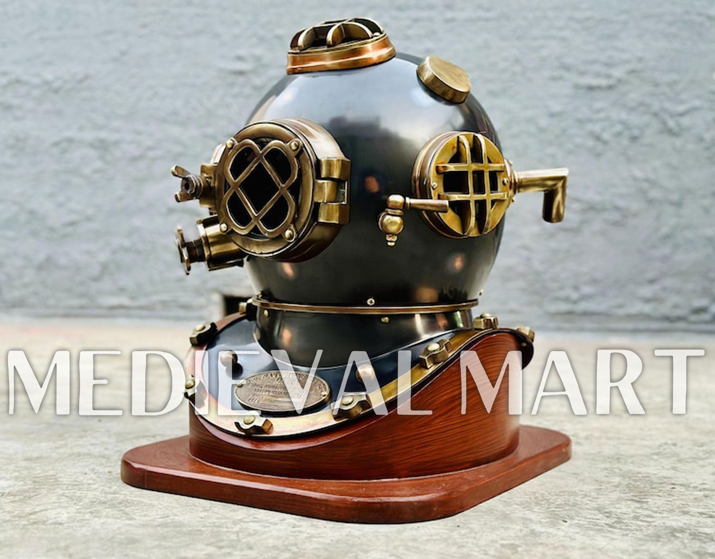 MEDIEVALMART Antique Black Finish Diving Helmet With Wooden Base