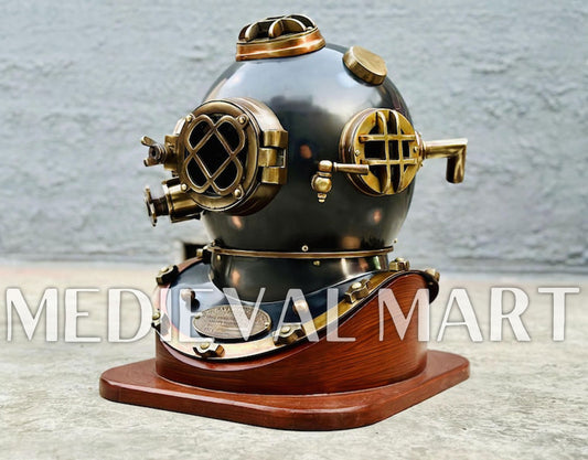 MEDIEVALMART Antique Black Finish Diving Helmet With Wooden Base