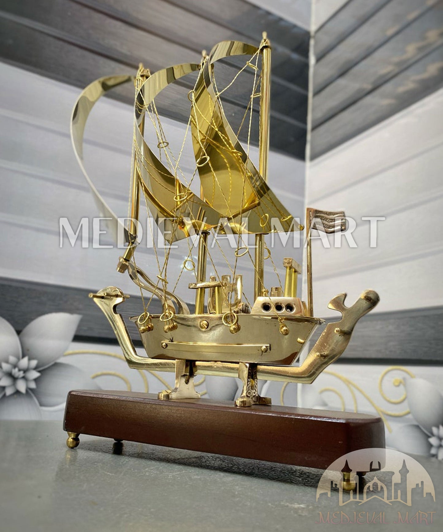 MEDIEVALMART Brass Decorative Ship W/H Wooden Base | Fully Brass Maritime Majesty Handcrafted Ship, Christmas Gifts