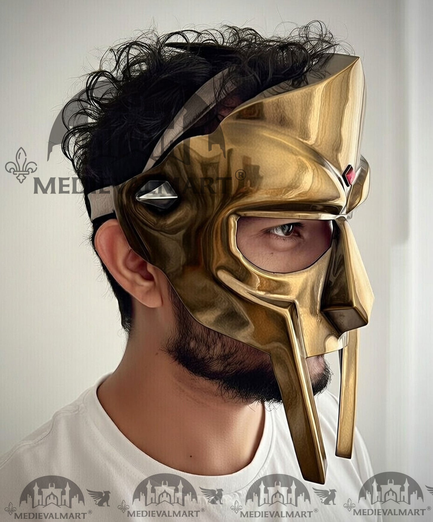 MEDIEVALMART PREMIUM MF DOOM Mask Mad Villain Antique Gold Finish Steel Face Armor