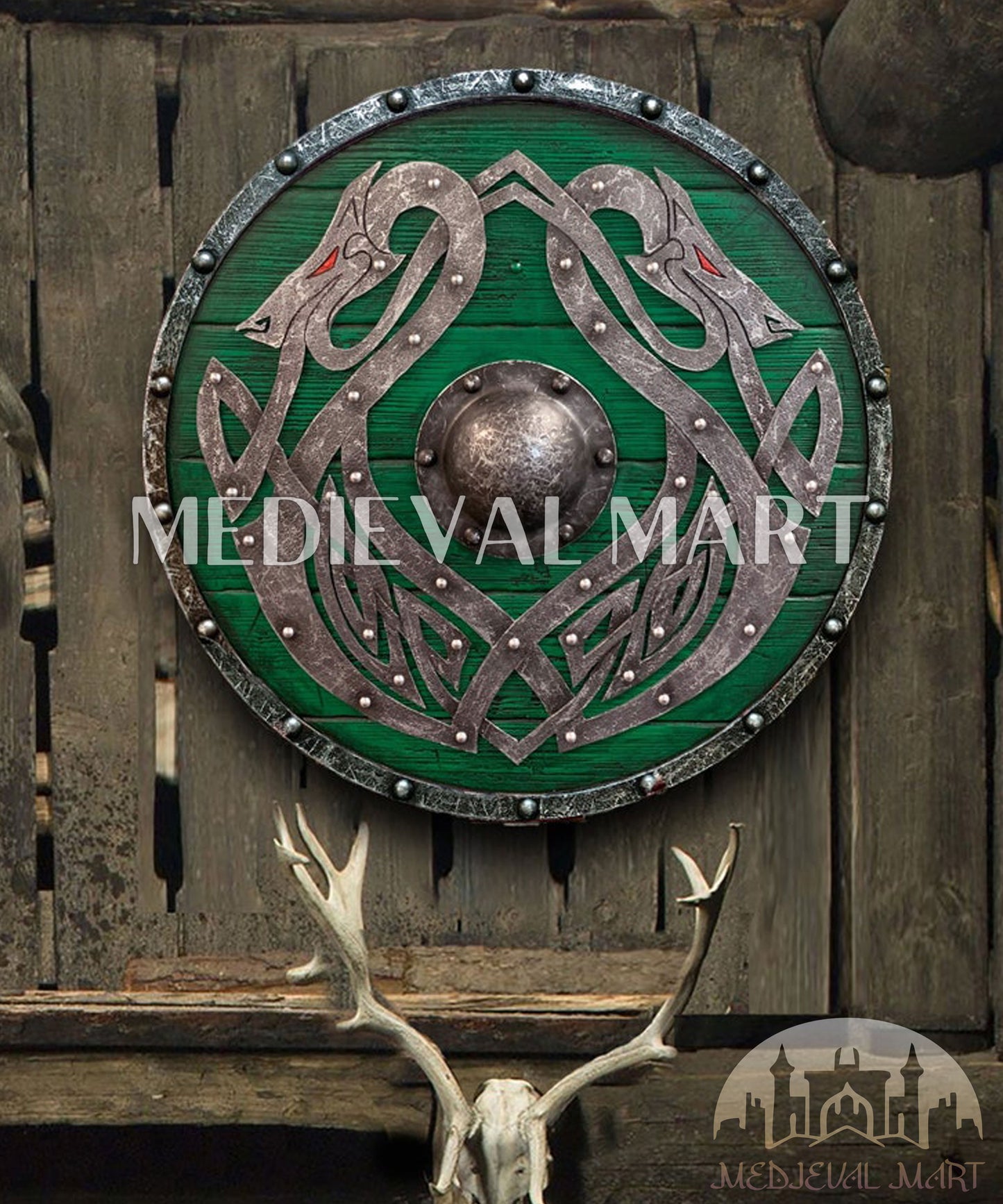 MEDIEVALMART Valhalla GREEN Sea Dragon Jörmungandr Authentic Battleworn Viking Wooden Shield | Gifts For Dad