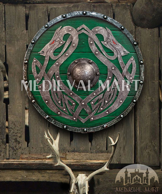 MEDIEVALMART Valhalla GREEN Sea Dragon Jörmungandr Authentic Battleworn Viking Wooden Shield | Gifts For Dad