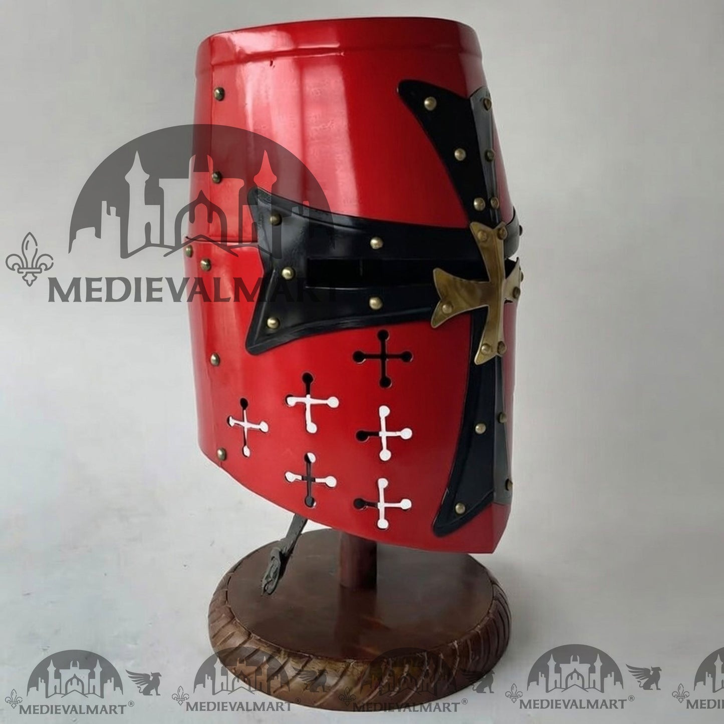 MEDIEVALMART Special Templar Crusader Knight Red Finish Helmet W/H Free Stand