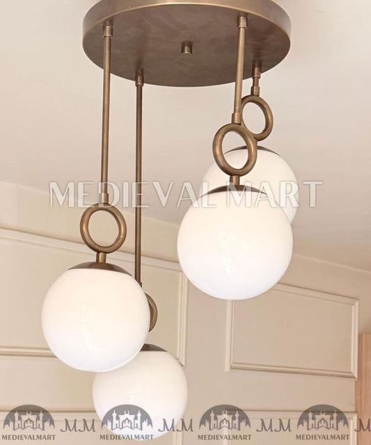 MEDIEVALMART Modern Handcrafted Raw Brass Chandelier | 4 Light Pendant | White Glass Globe Ceiling Light Fixture