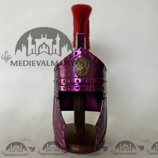 MEDIEVALMART Casque de Centurion Romain Médiéval Finition Violette avec Plume Rouge ou Support en Bois Offert