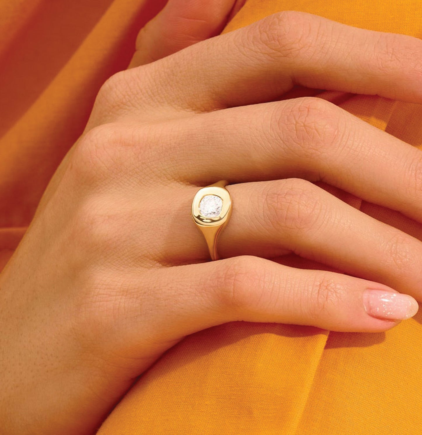 MADELYN MINIMALIST 14k Solid Gold Cushion Cut Bezel Set Signet Ring for Women | Gift for Her