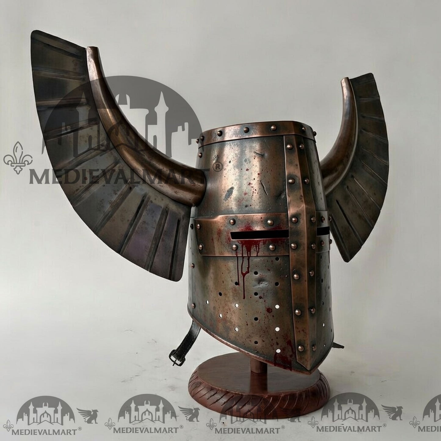 MEDIEVALMART Medieval Templar Warrior Teutonic Damage Copper W/H Blood Finish Wing Helmet with Free Stand