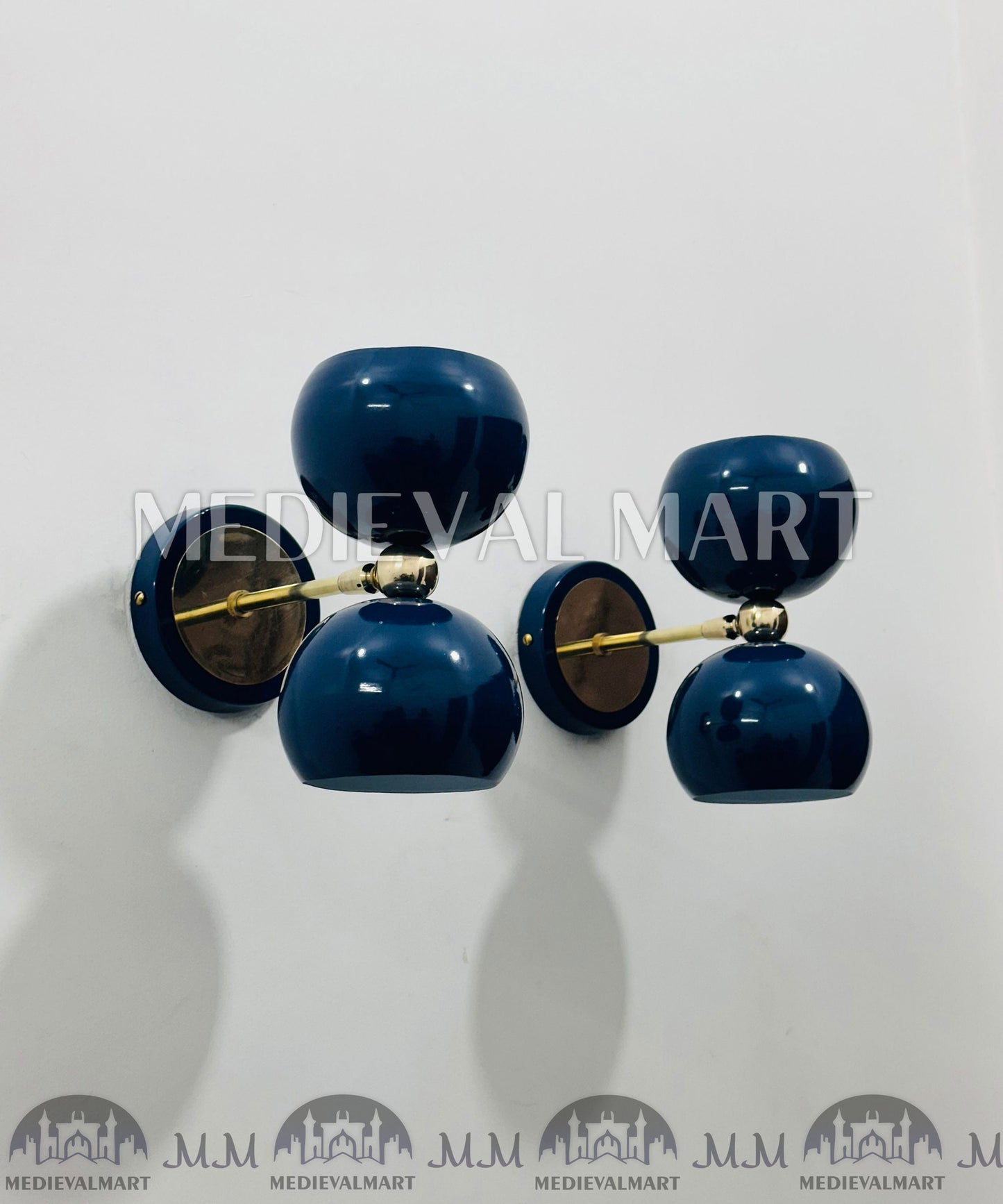 MEDIEVALMART Mid-Century Italian Brass Diabolo Wall Sconce Pair - Blue Lamp (Set of 2)