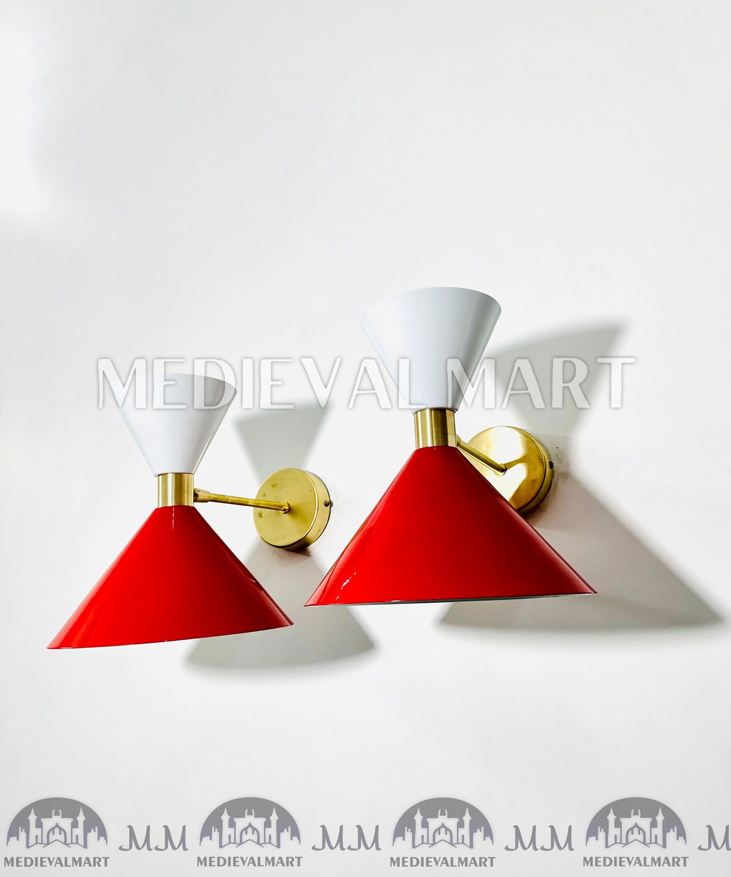 MEDIEVALMART 1950s Mid Century Italian Diabolo Wall Sconce Pair: Red & White Lighting Decor