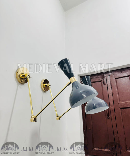 MEDIEVALMART Mid Century Brass Diabolo Wall Sconce Pair - Grey Italian Plug-in Lighting