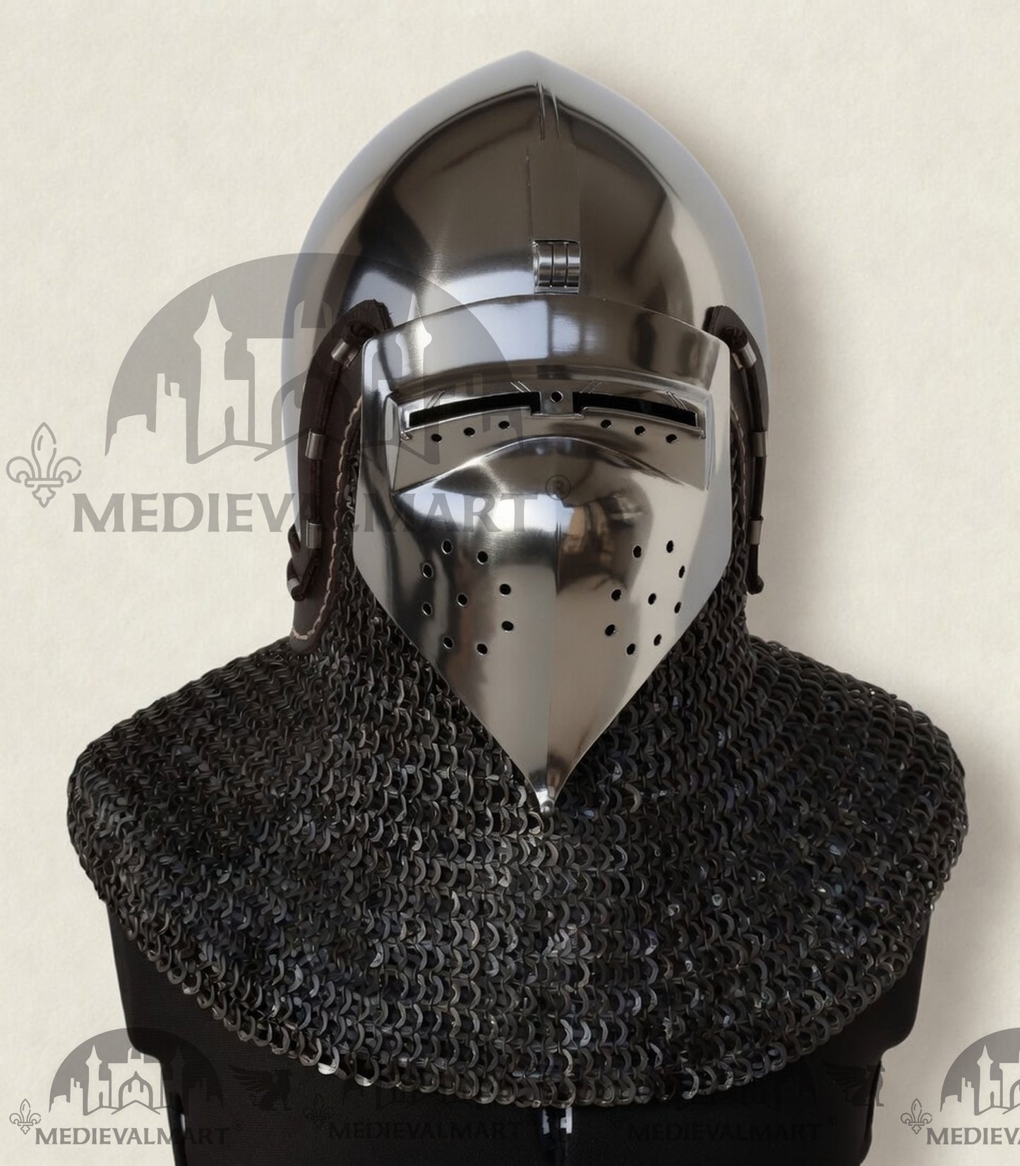 MEDIEVALMART XIV Century Medieval "The Wayward Knight" klappvisor Bascinet Helmet with Chainmail
