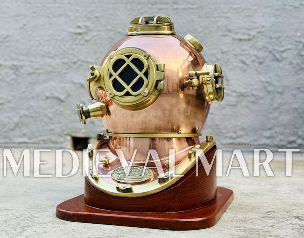 MEDIEVALMART Nautical Rose Gold Finish Diving Helmet With Wooden Base