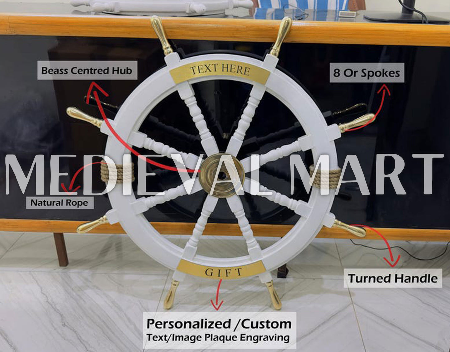 MEDIEVALMART Nautical Brass Decoration Wooden Ship Wheel White Finish - Personal Engraving Marine Wall Decor