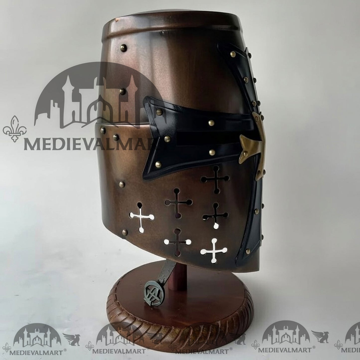 MEDIEVALMART Special Templar Crusader Knight Antique Bronze Finish Helmet W/H Free Stand