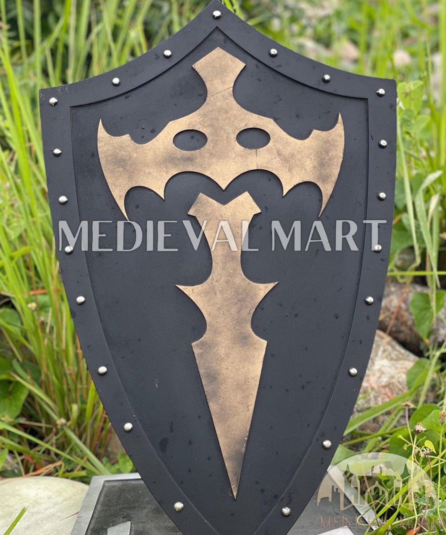 MEDIEVALMART Medieval Templar Bat Inspired Wooden Shield Black & Gold Finish | Gift for Christmas Day