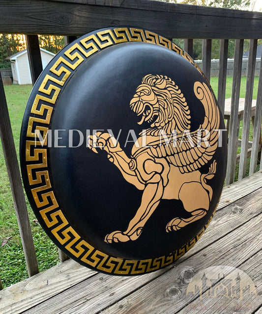 MEDIEVALMART Iconic Greek Hoplite Black/Gold Lion Battleworn Metal/Brass Shield | Gifts For Dad