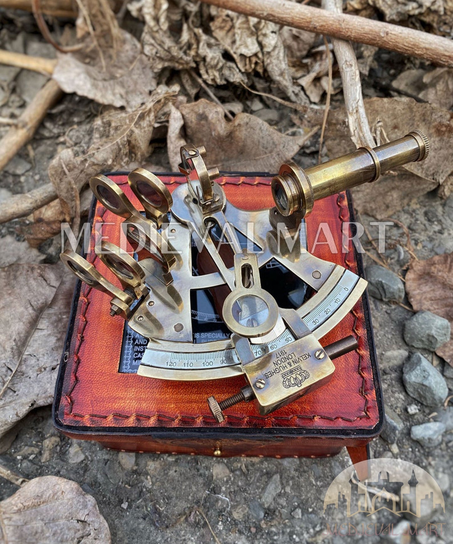 MEDIEVALMART Nautical Victorian Solid Brass Working Sextant W/H Cute Leather Case | Antique Finish - Navigational Instrument, Christmas Gifts