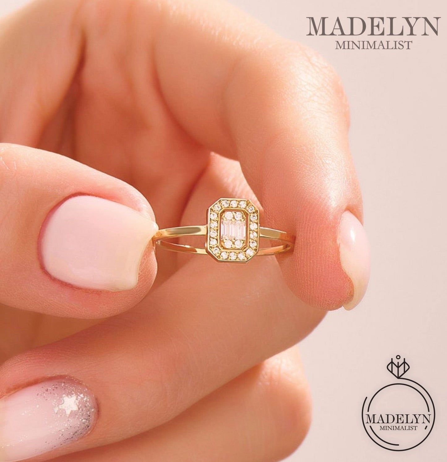 MADELYN MINIMALIST 14k Solid Gold Minimalist Baguette Pave Engagement Ring for Women | Gift For Her