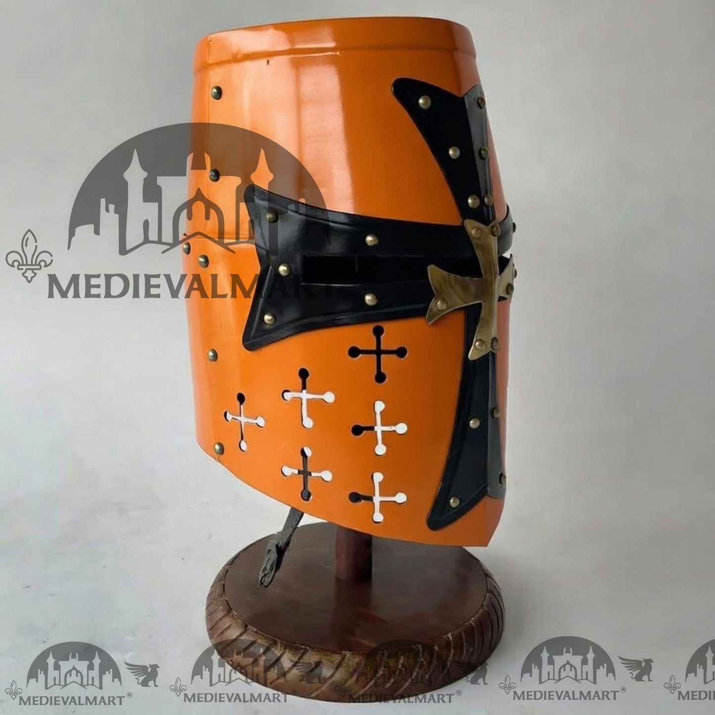 MEDIEVALMART Special Templar Crusader Knight Orange Finish Helmet W/H Free Stand