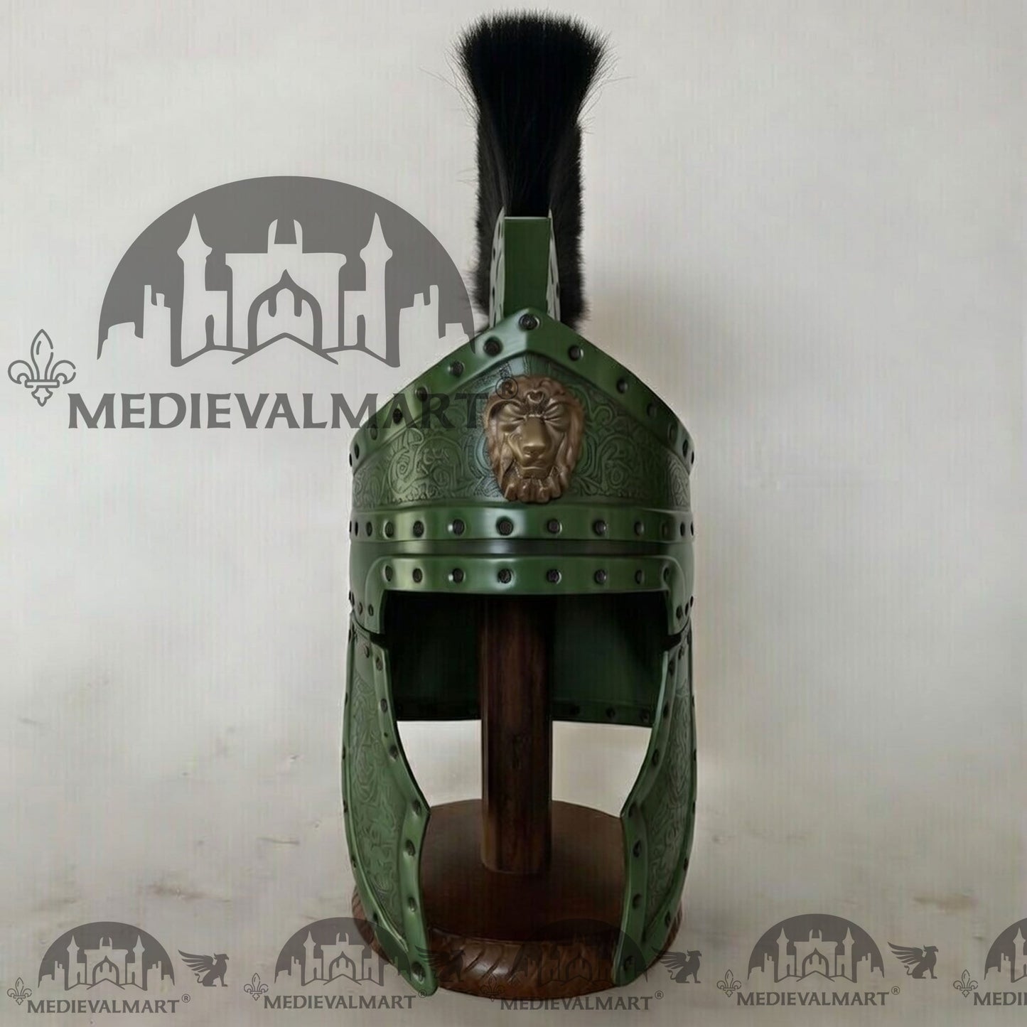 MEDIEVALMART Medieval Roman Centurion Jade Green Finish Helmet with Black Plume or Free Wooden Stand