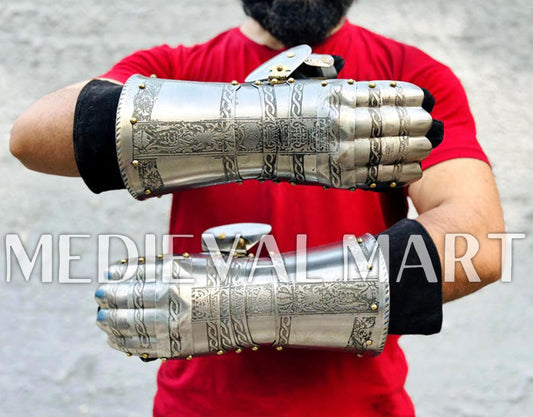 MEDIEVALMART Medieval High Texture Royal Knights Etched Gauntlet - LARP Armor