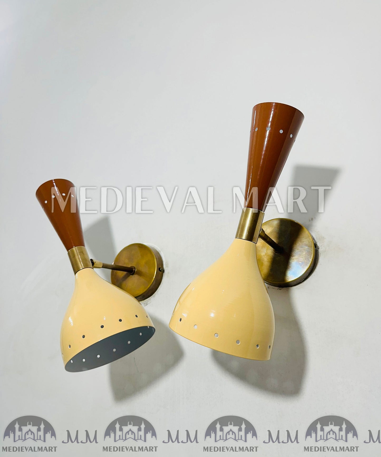 MEDIEVALMART Brass Wall Sconce Pair Beige & White Mid Century Italian Adjustable Lamp Light