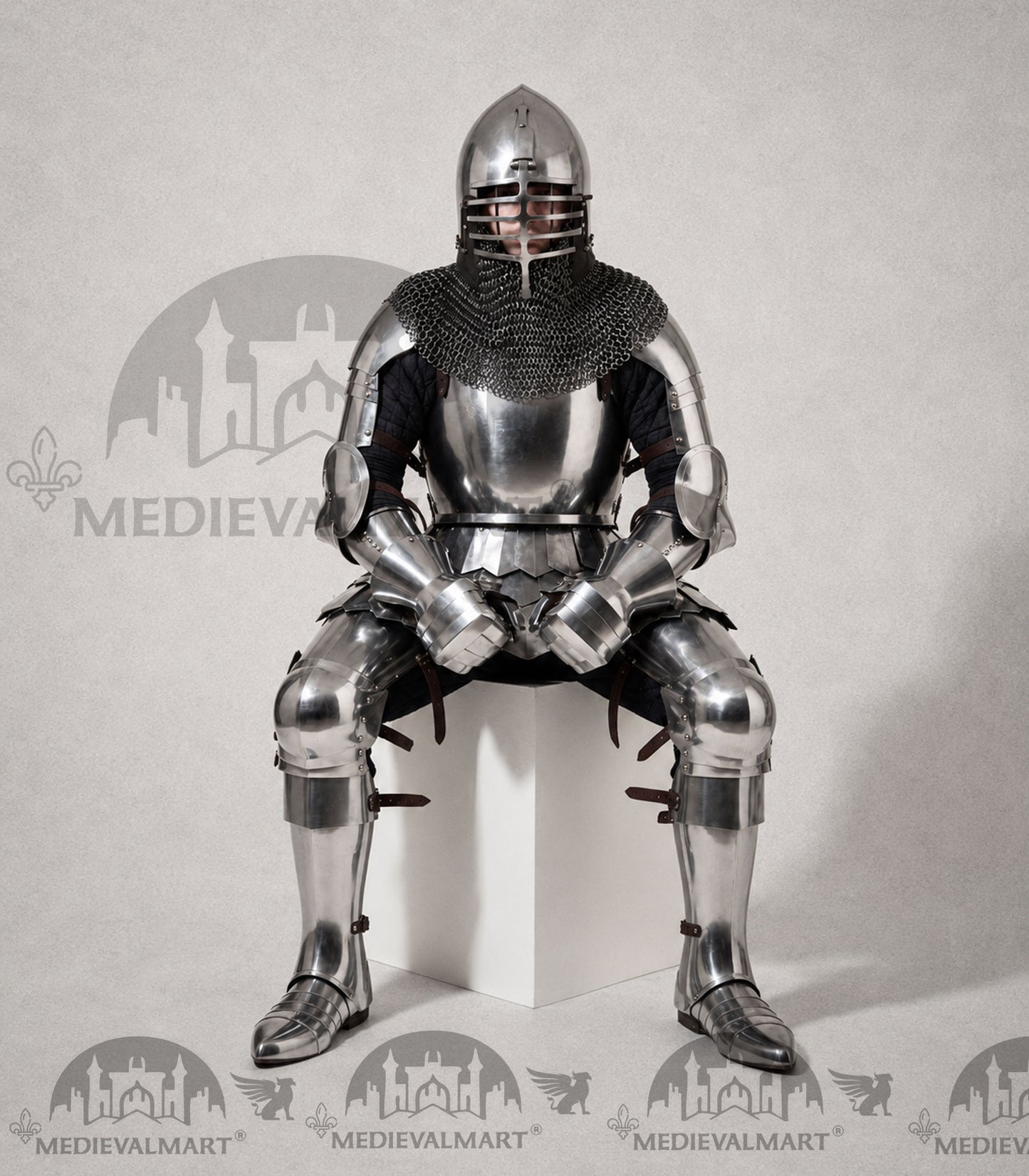 MEDIEVALMART 14th Century Knight Crusader-Era Transitional Plate Hybrid Armor W/H Wolf Ribs Bacinet & Pole Arms Hammer