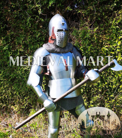MEDIEVALMART 1400s European knight Warrior Buhurt full Body Plate Armor Costume W/H Klappvisor Bascinet & Viking Axe