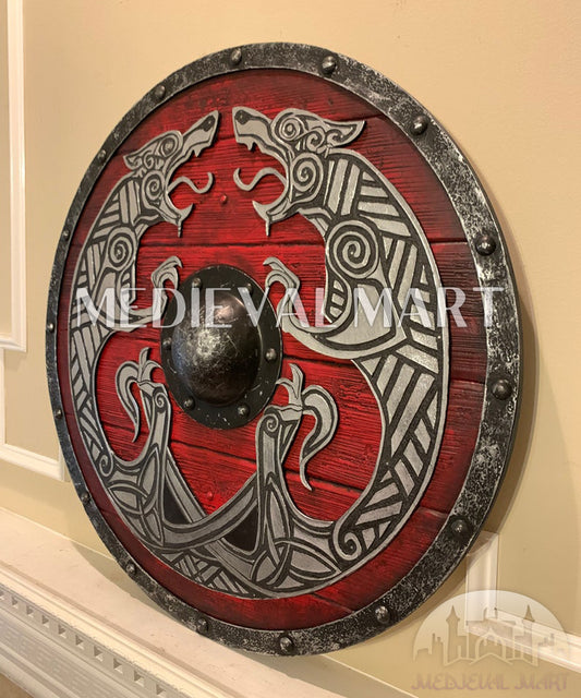 MEDIEVALMART Viking's Valhalla Fenrir 3D Relief Norse Dragon Authentic Battleworn Viking Wooden Shield | Gifts For Dad