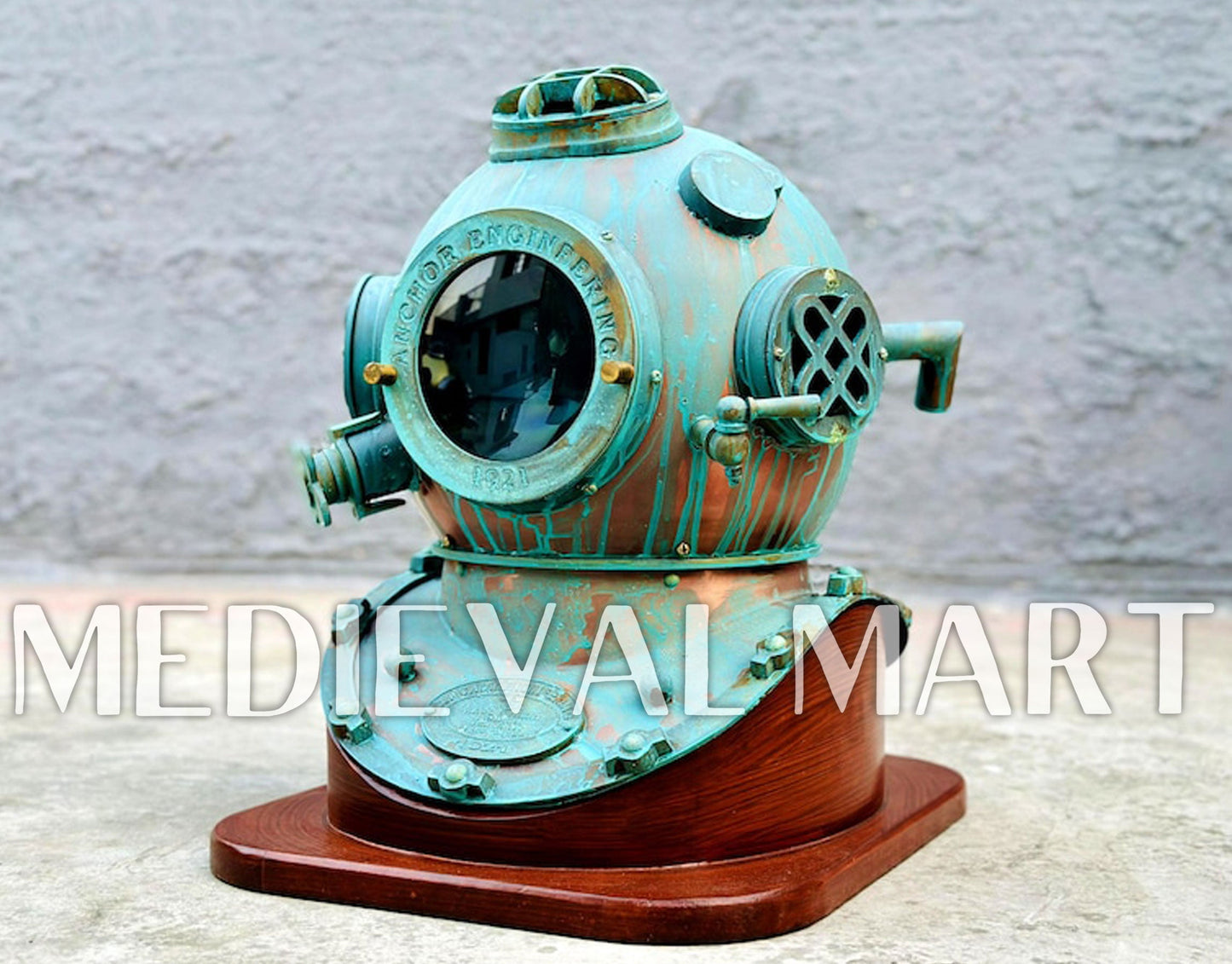 MEDIEVALMART Rusty Green Diving Helmet With Wooden Base