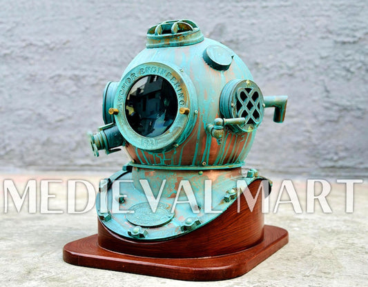 MEDIEVALMART Rusty Green Diving Helmet With Wooden Base