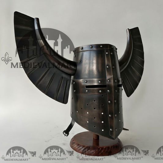 MEDIEVALMART Casque ailé templier médiéval teutonique finition noir antique avec support gratuit