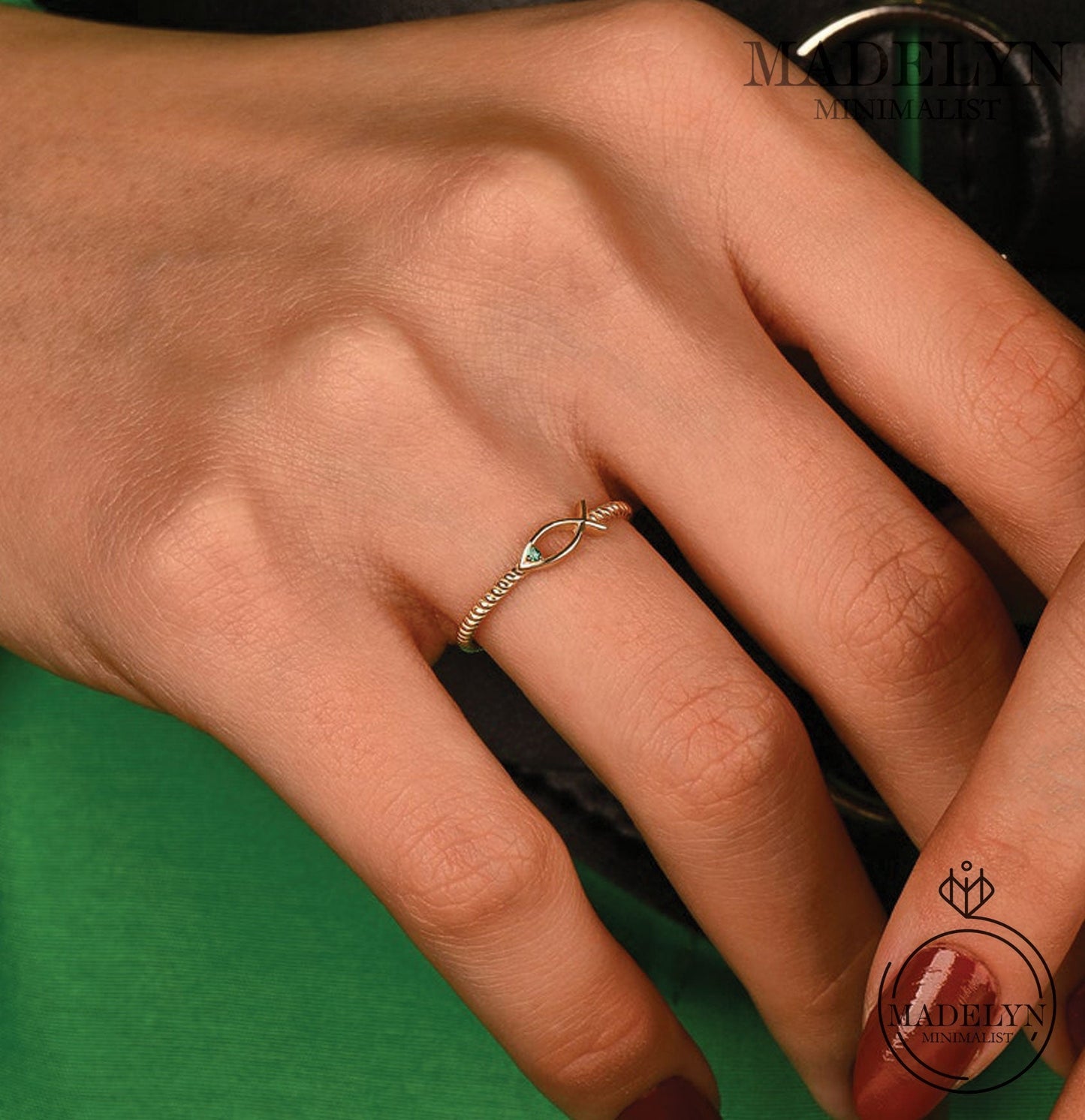 MADELYN MINIMALIST 14k Solid Gold Ichthus Ring, Dainty Christian Ring, Tiny Emerald Ring | Gift for Mom, Grandma