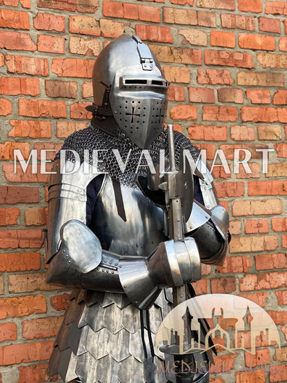 MEDIEVALMART 14th Century Knight Crusader-Era Transitional Plate Hybrid Armor W/H Wolf Ribs Bacinet & Pole Arms Hammer