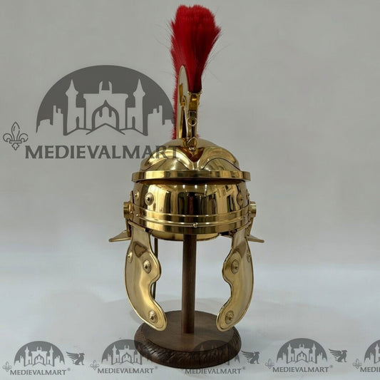 MEDIEVALMART Casque de Centurion Romain Gaullois Doré Réplique avec Plume Rouge et Support Offert