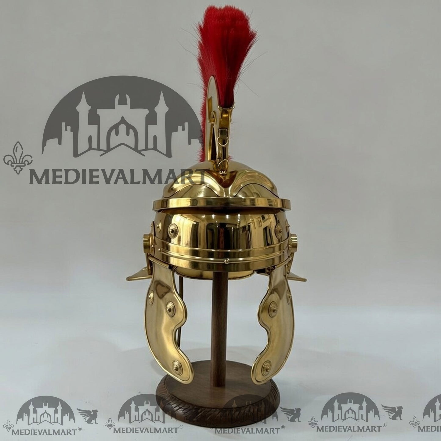 MEDIEVALMART Gallic Roman Centurion Gold Finish Helmet Replica Red Plume with Free Stand