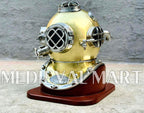 MEDIEVALMART Golden Green Diving Helmet With Wooden Base
