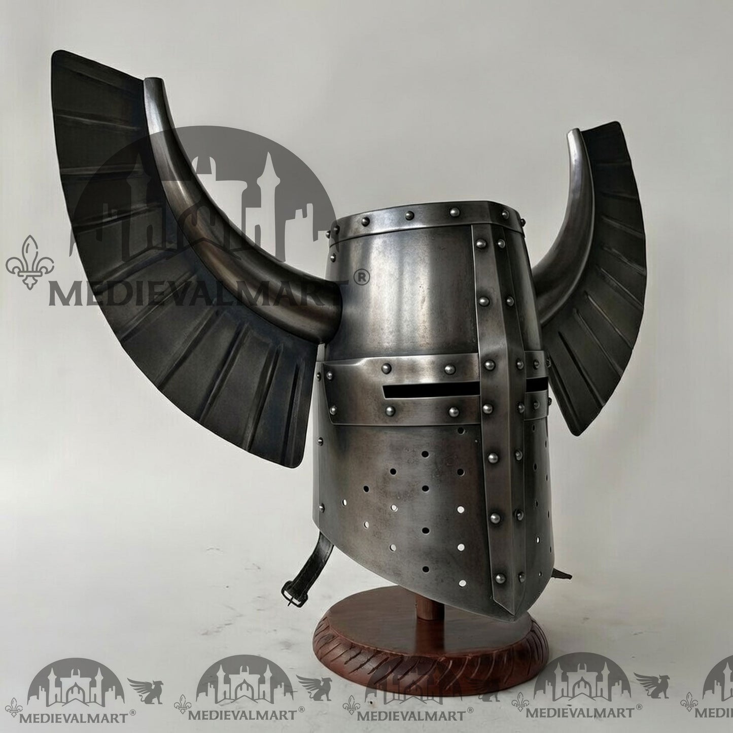 MEDIEVALMART Medieval Templar Warrior Teutonic Antique Silver Finish Wing Helmet with Free Stand