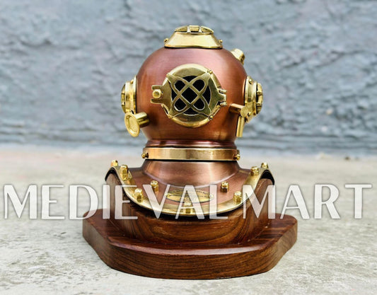 MEDIEVALMART 6"INCH Brown Diving Helmet With Wooden Base
