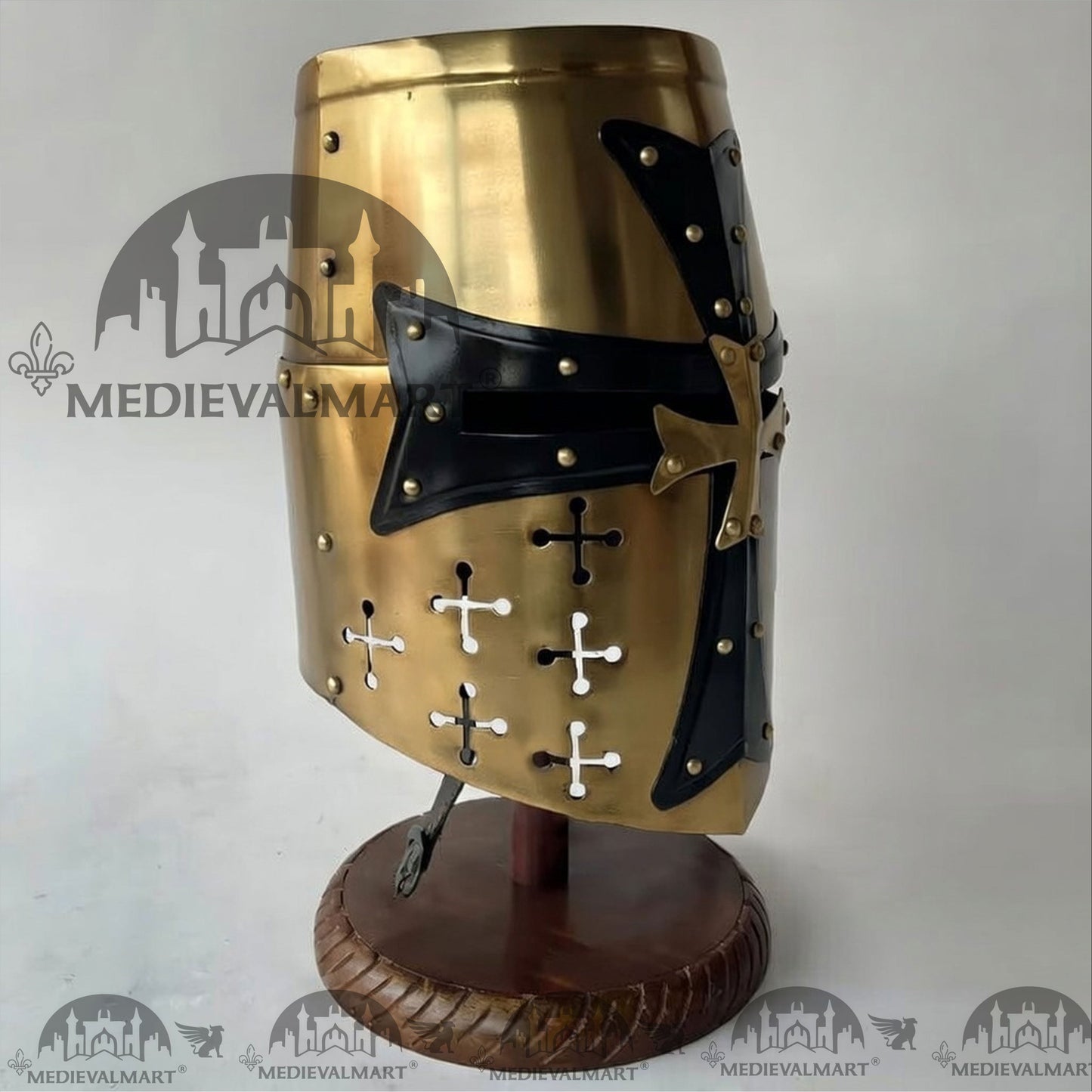 MEDIEVALMART Special Templar Crusader Knight Gold Finish Helmet W/H Free Stand