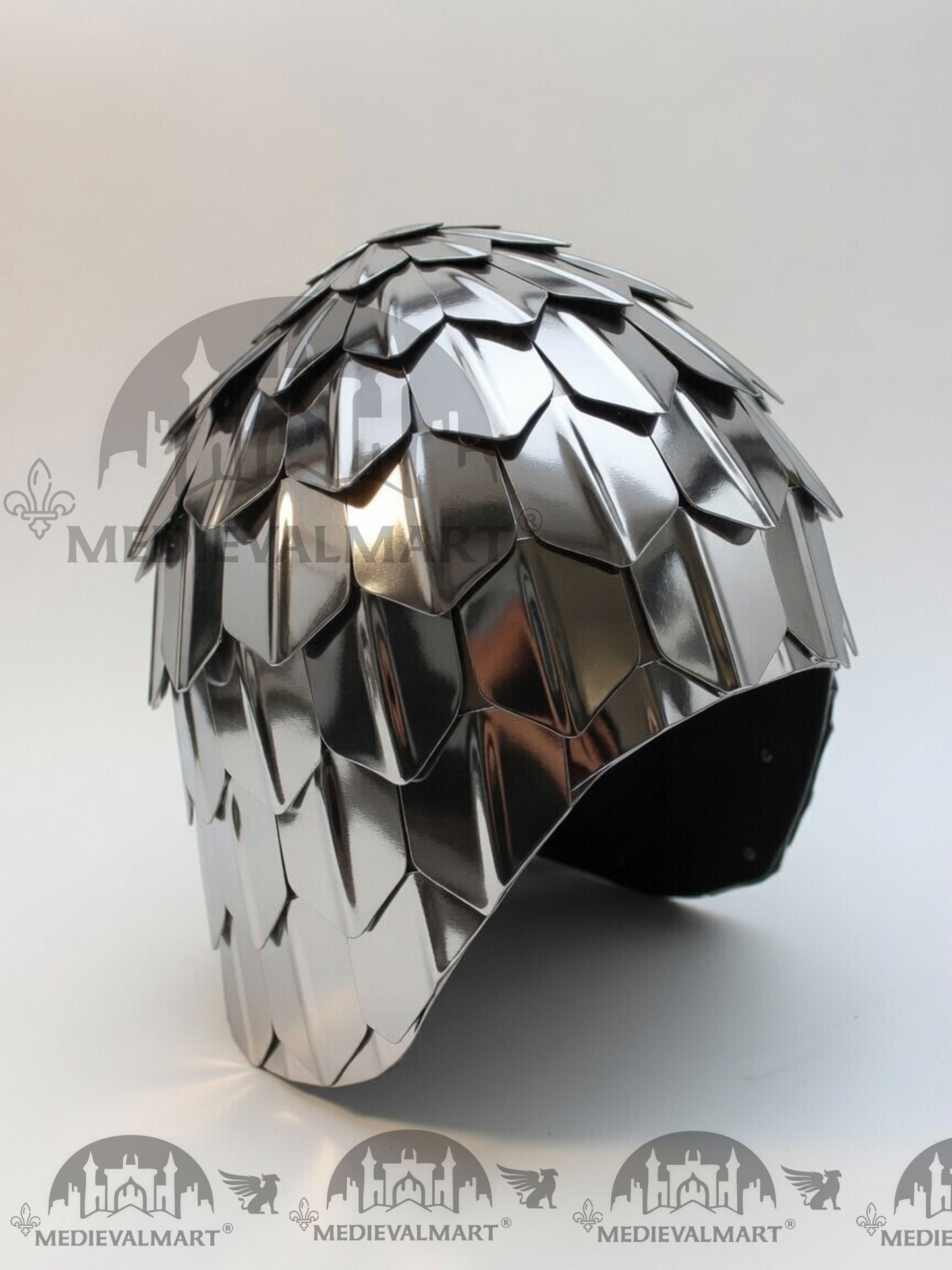 MEDIEVALMART Medieval Historical Scaled Skull Cap Helmet, Shiny Silver Polished Helmet / Best for Reenactment