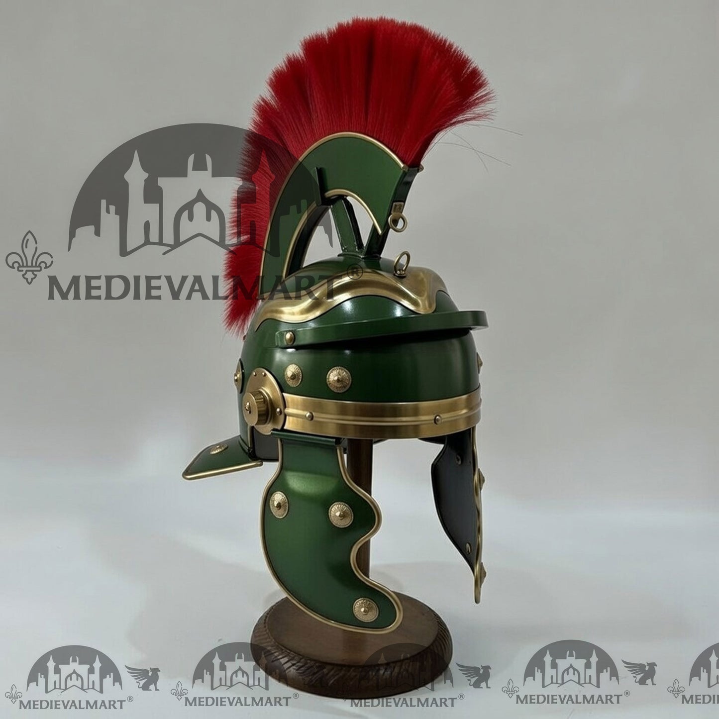 MEDIEVALMART Gallic Roman Centurion Jade Green Finish Helmet Replica Red Plume with Free Stand