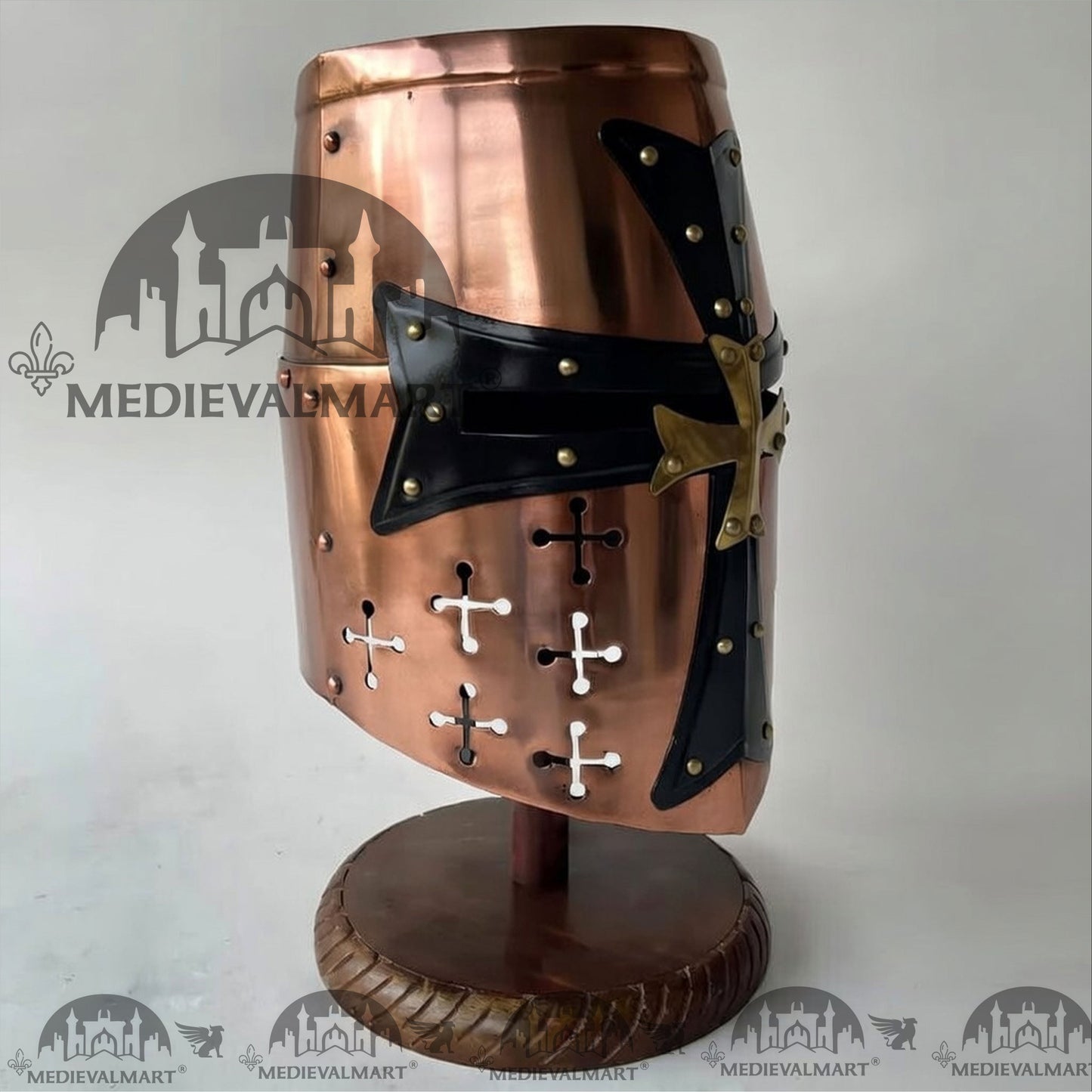 MEDIEVALMART Special Templar Crusader Knight Copper Finish Helmet W/H Free Stand