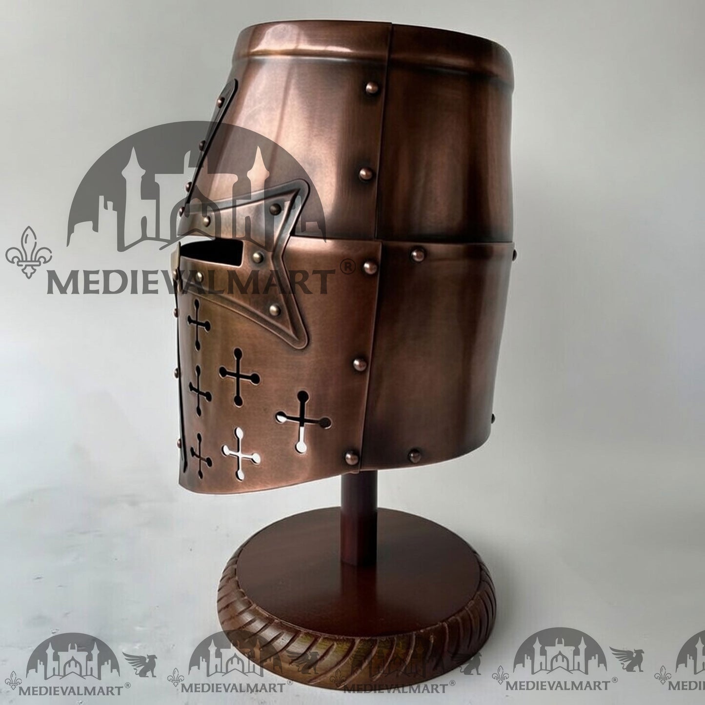 MEDIEVALMART Special Templar Crusader Knight Full Antique Copper Finish Helmet W/H Free Stand