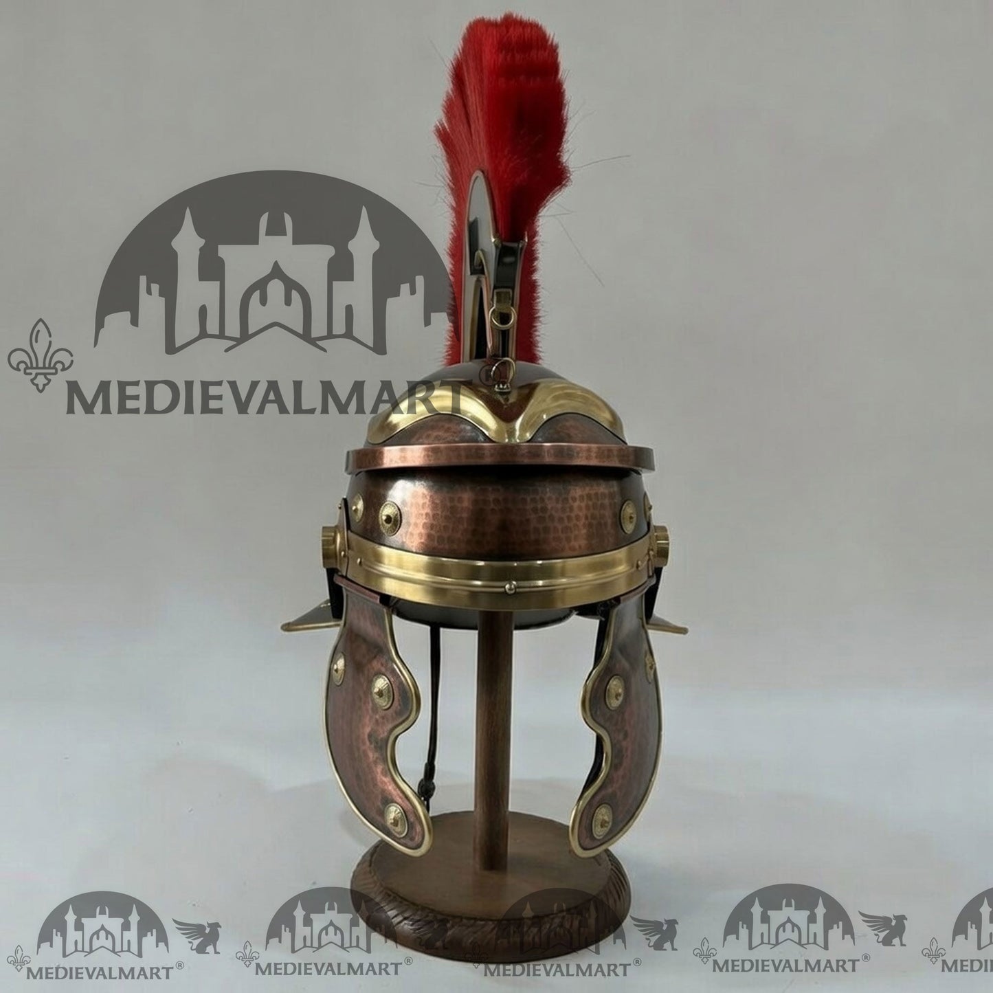 MEDIEVALMART Gallic Roman Centurion Antique Copper Finish Helmet Replica Red Plume with Free Stand